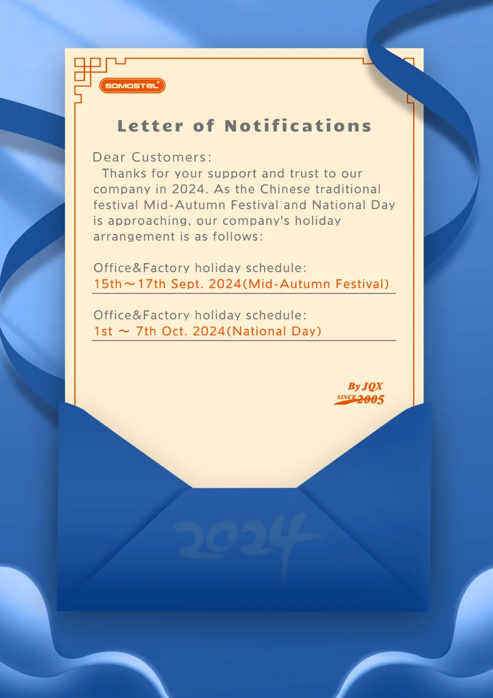 SOMOSTEL® 2024 MidAutumn Festival National Day holiday notice